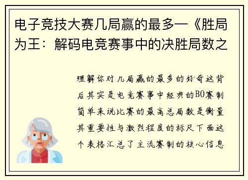 电子竞技大赛几局赢的最多—《胜局为王：解码电竞赛事中的决胜局数之谜》